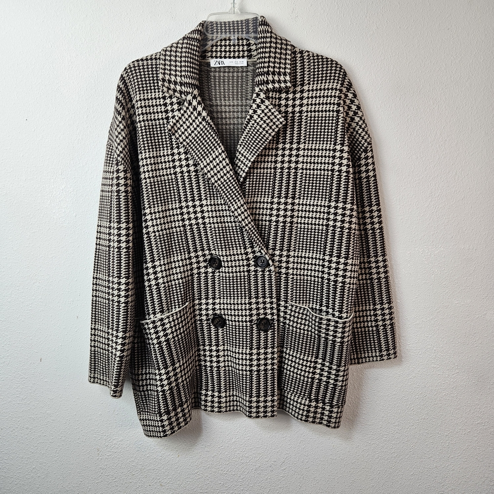 ZARA WOMAN DOUBLE BREASTED HOUNDSTOOTH KNIT BLAZER BROWN S 6873/157 Size Small
